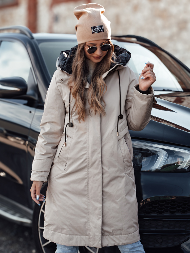 Dámska dlhá smotanová prechodná bunda s kapucňou ELEGANTI TY4657 Veľkosť: S