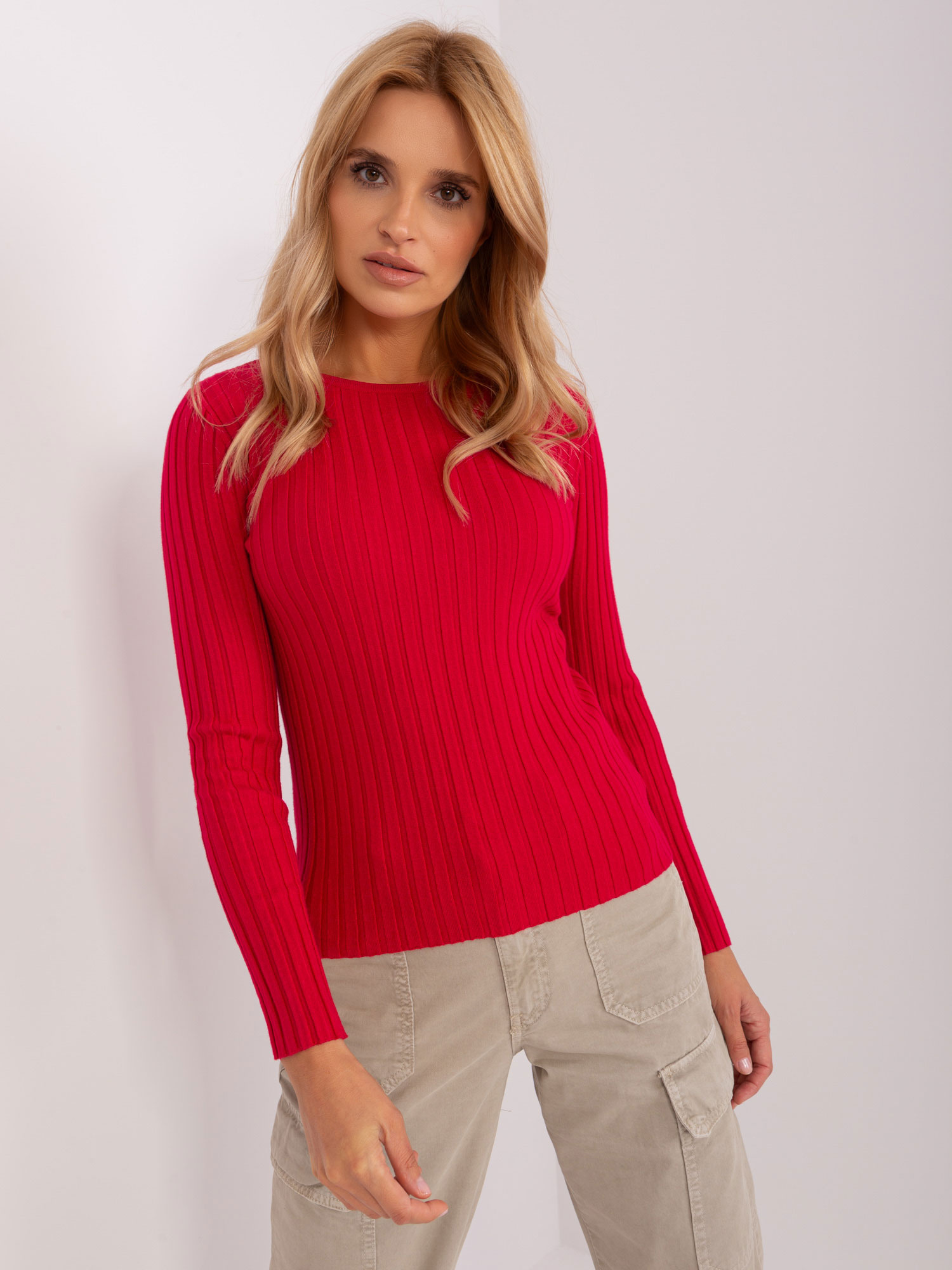 Červený sveter s okrúhlym výstrihom PM-SW-PM1089.09P-red Veľkosť: M/L