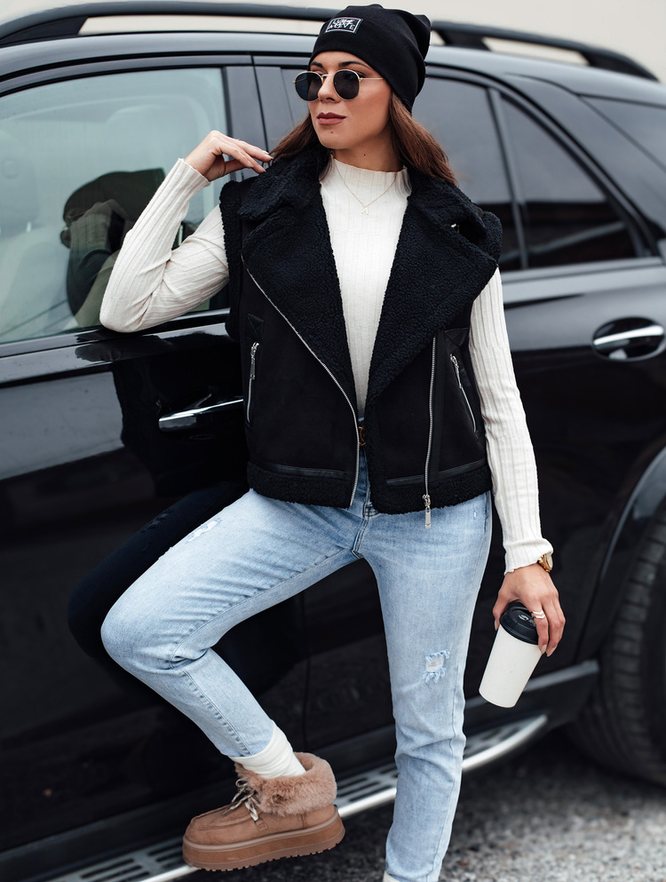 Dámska čierna semišová vesta s ovčou kožou WOOLZIP TY4742 Veľkosť: S