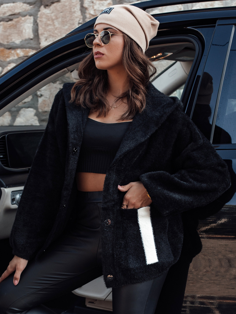 Čierna dámska bunda z alpaky s kapucňou NANCY NY0693 Veľkosť: ONE SIZE