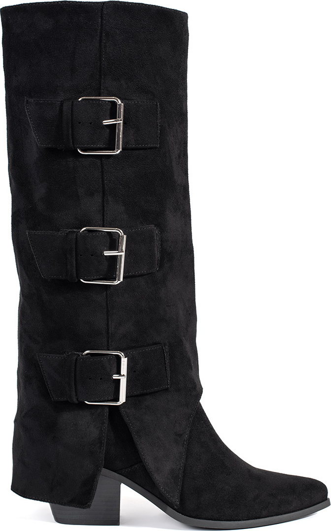 Čierne dámske semišové čižmy na stĺpiku s prackami, podpätok 7,5 cm QT108P-B Veľkosť: 36