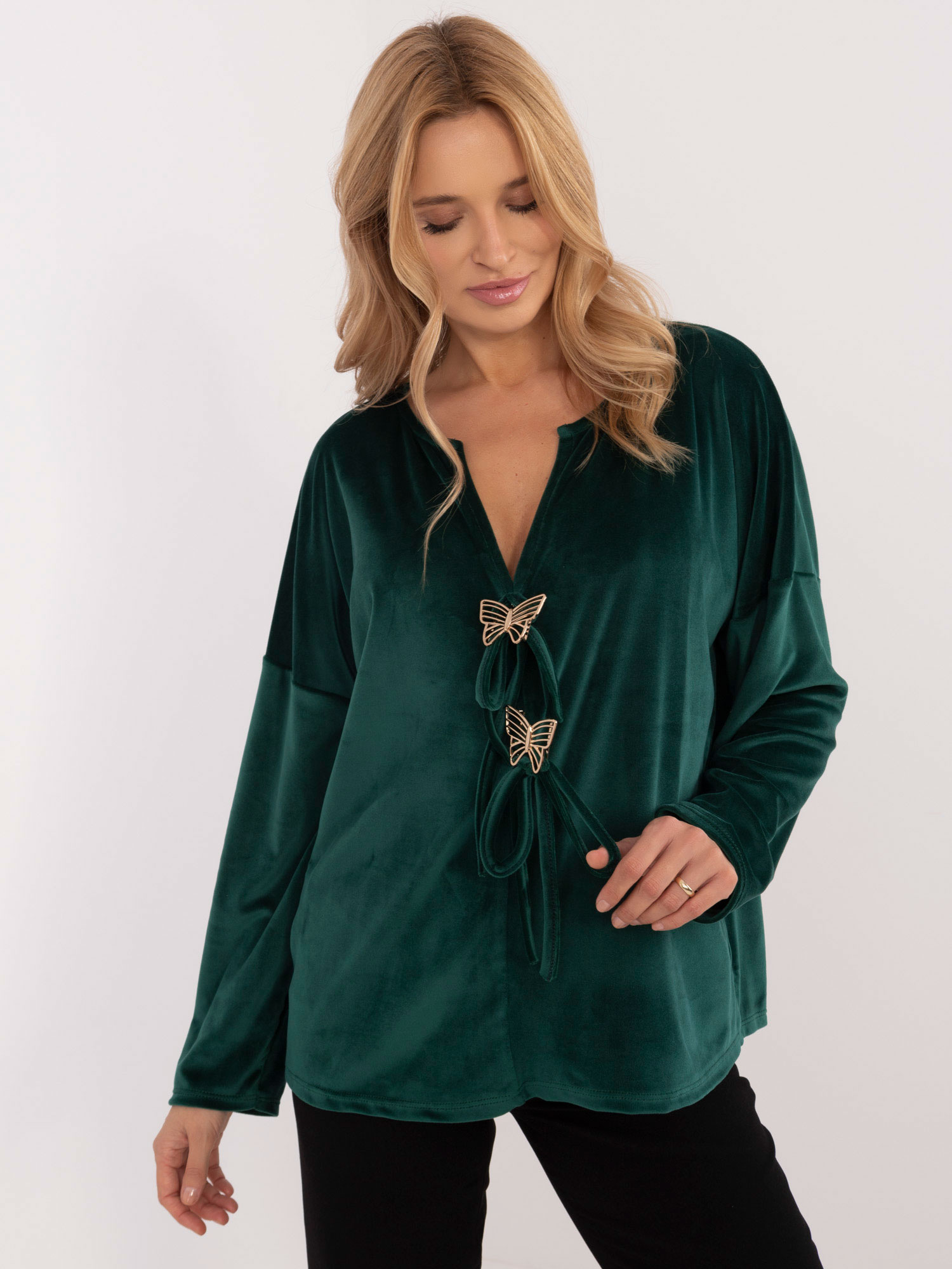 Dámska tmavozelená zamatová oversize blúzka DHJ-BZ-19916.03P-dark green Veľkosť: ONE SIZE