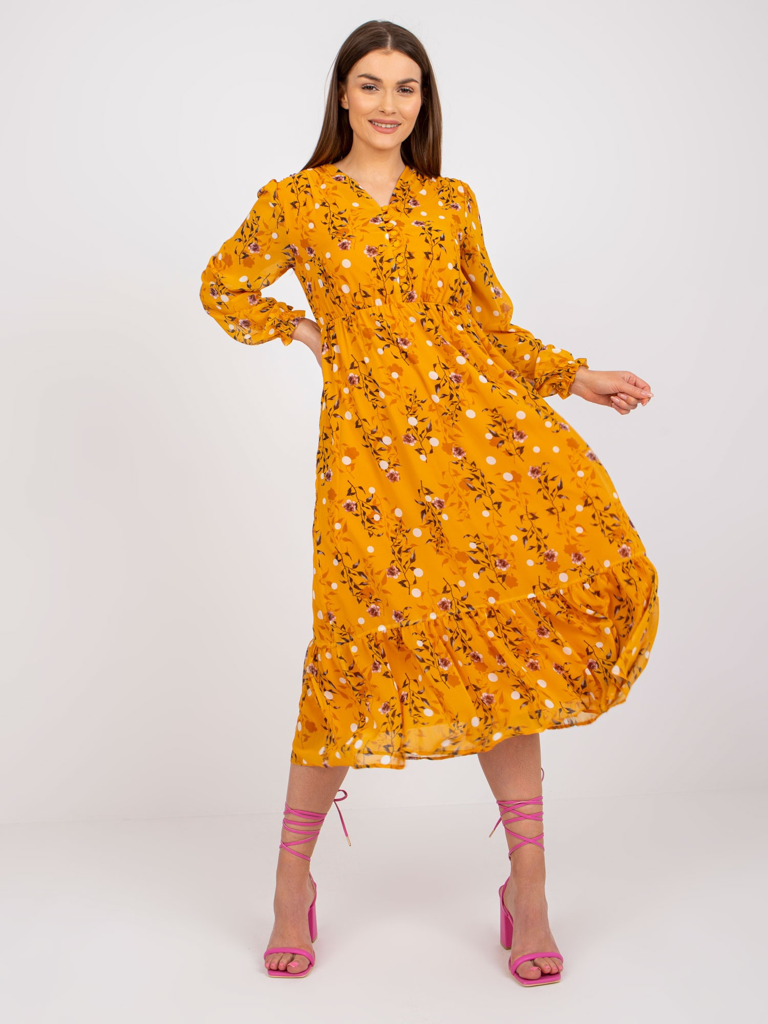 Tmavožlté kvetinové midi šaty s dlhými rukávmi RO-SK-ELB-2309.98-dark yellow Veľkosť: L