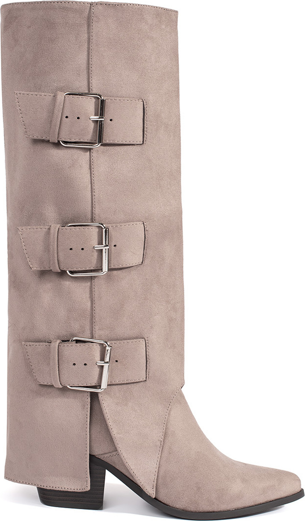 Béžové dámske semišové čižmy na stĺpiku s prackami, podpätok 7,5 cm QT108P-TA Veľkosť: 39