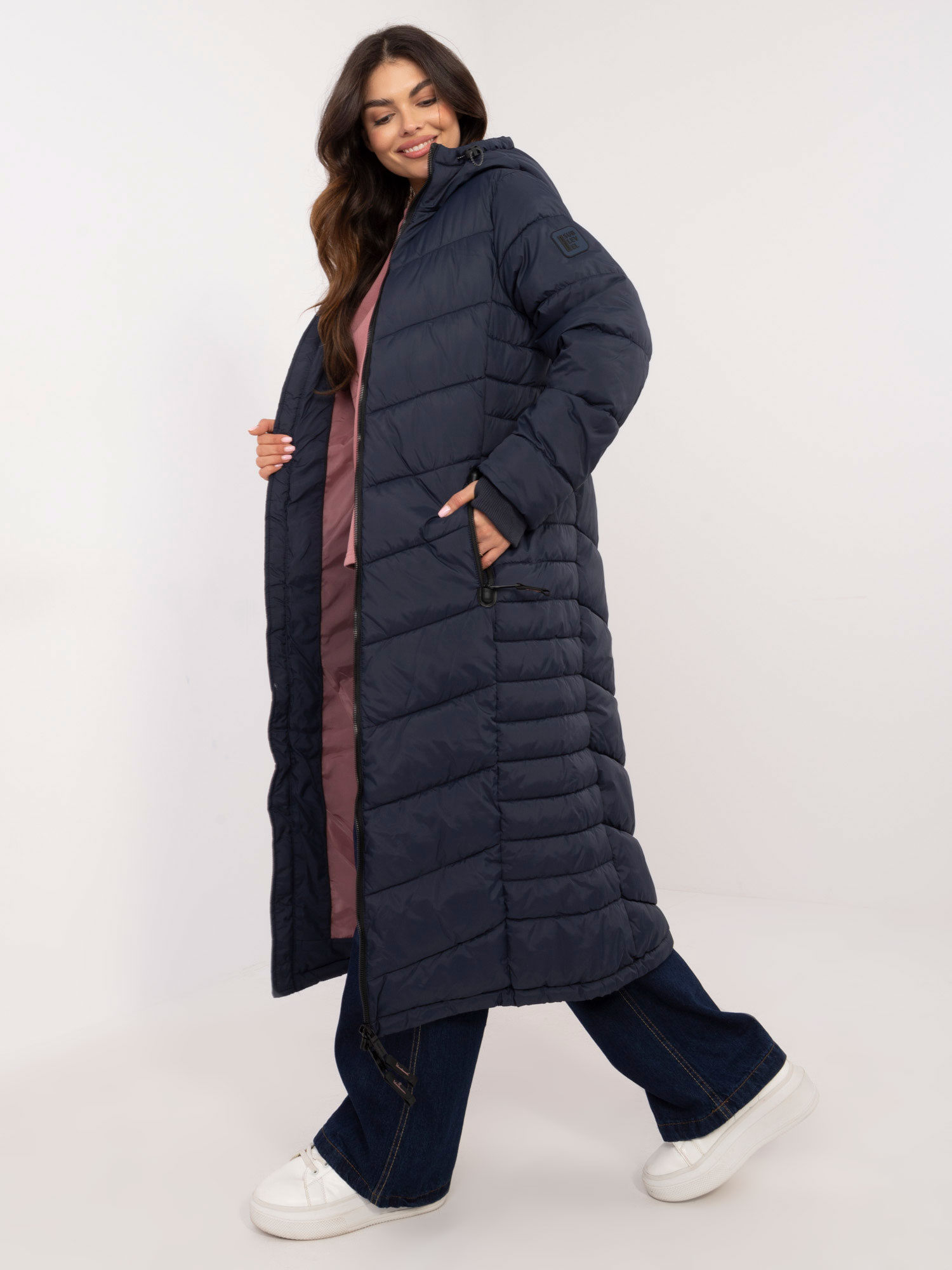 Tmavomodrá dámska dlhá prešívaná bunda D51160XB44540A3-navy blue Veľkosť: S