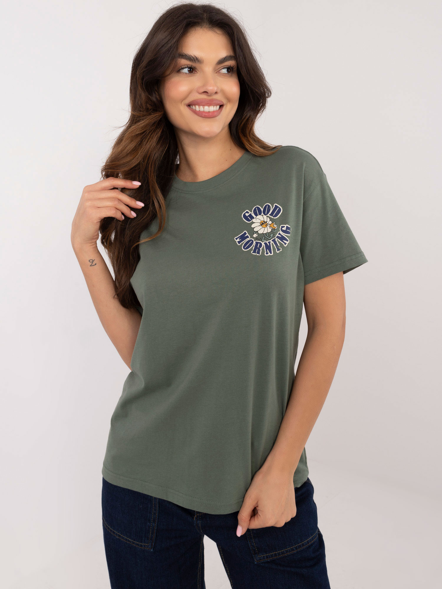 Khaki dámske tričko s potlačou D12022AC02645F-khaki Veľkosť: XS