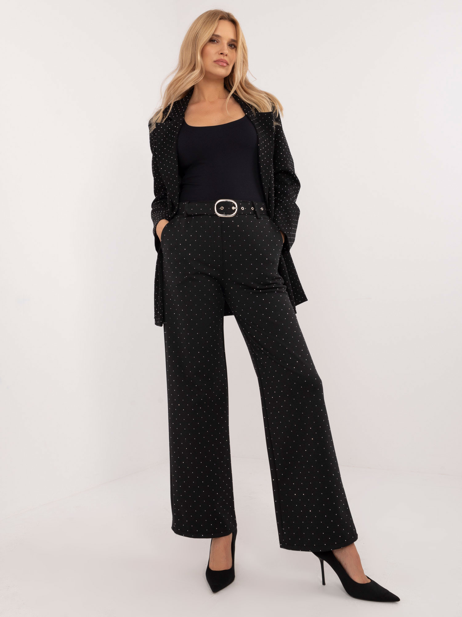 Čierne elegantné nohavice s bodkami a pásikom DHJ-SP-A8323.31-black Veľkosť: ONE SIZE