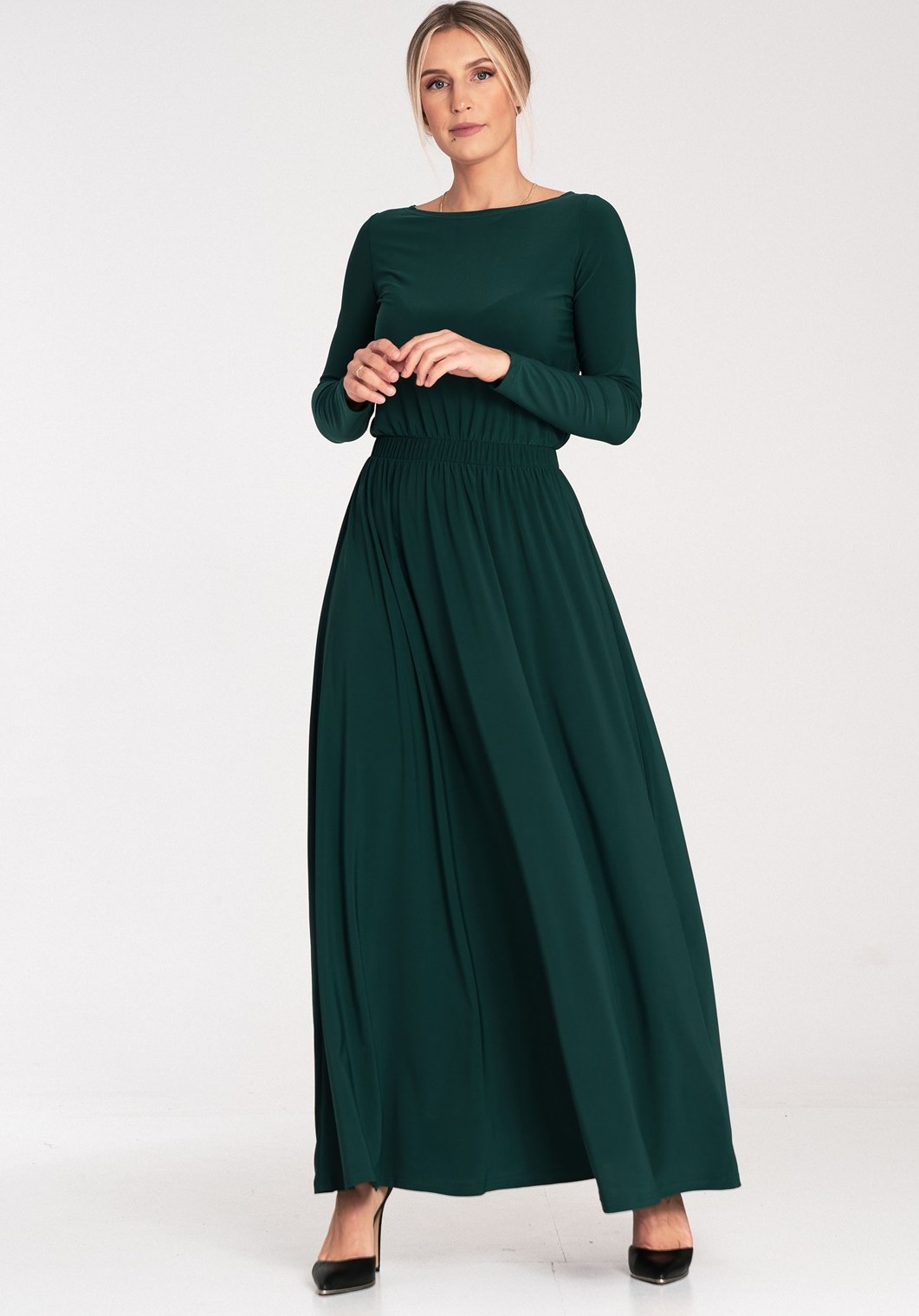 Tmavozelené dámske maxi šaty s dlhým rukávom M1052 Green Veľkosť: S