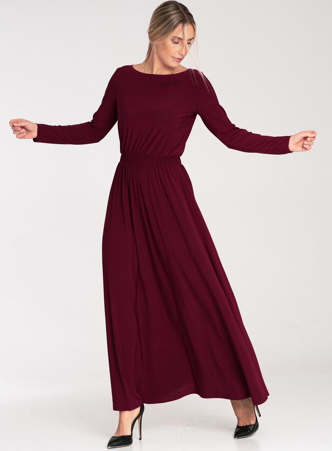 Bordó dámske maxi šaty s dlhým rukávom M1052 Bordo Veľkosť: S