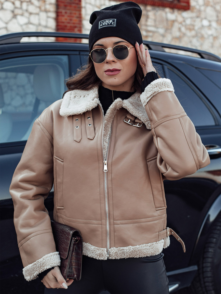 Béžová dámská zateplená koženková bunda SHEREB TY4757 Veľkosť: L