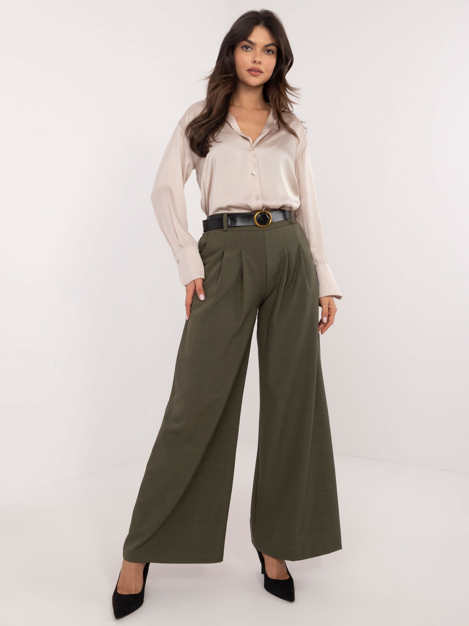 Dámske khaki široké nohavice s elastickým pásom DHJ-SP-19899-1.92P-khaki Veľkosť: ONE SIZE