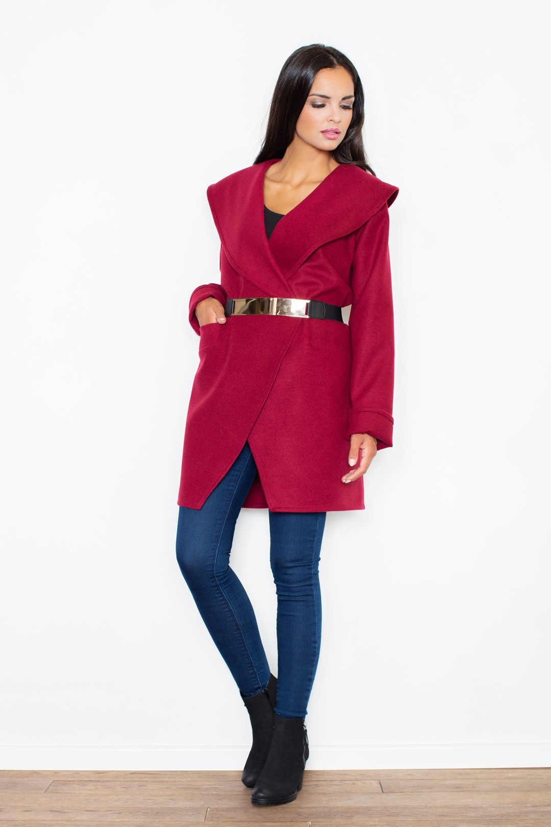 Červený elegantný kabát so zlatým pásikom M407 Deep red Veľkosť: S