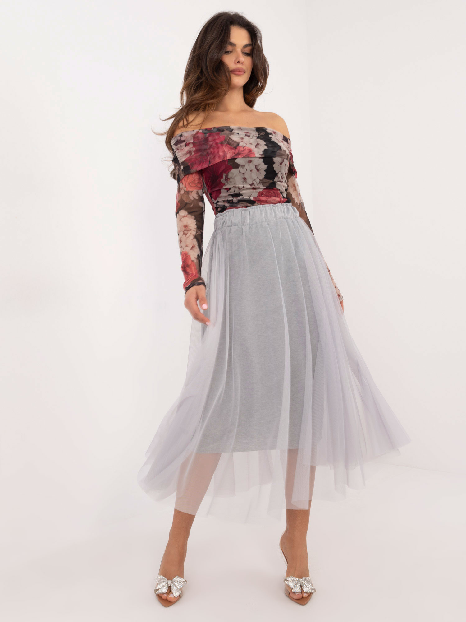 Sivá dámska tylová midi sukňa DHJ-SD-19568.13X-grey Veľkosť: ONE SIZE