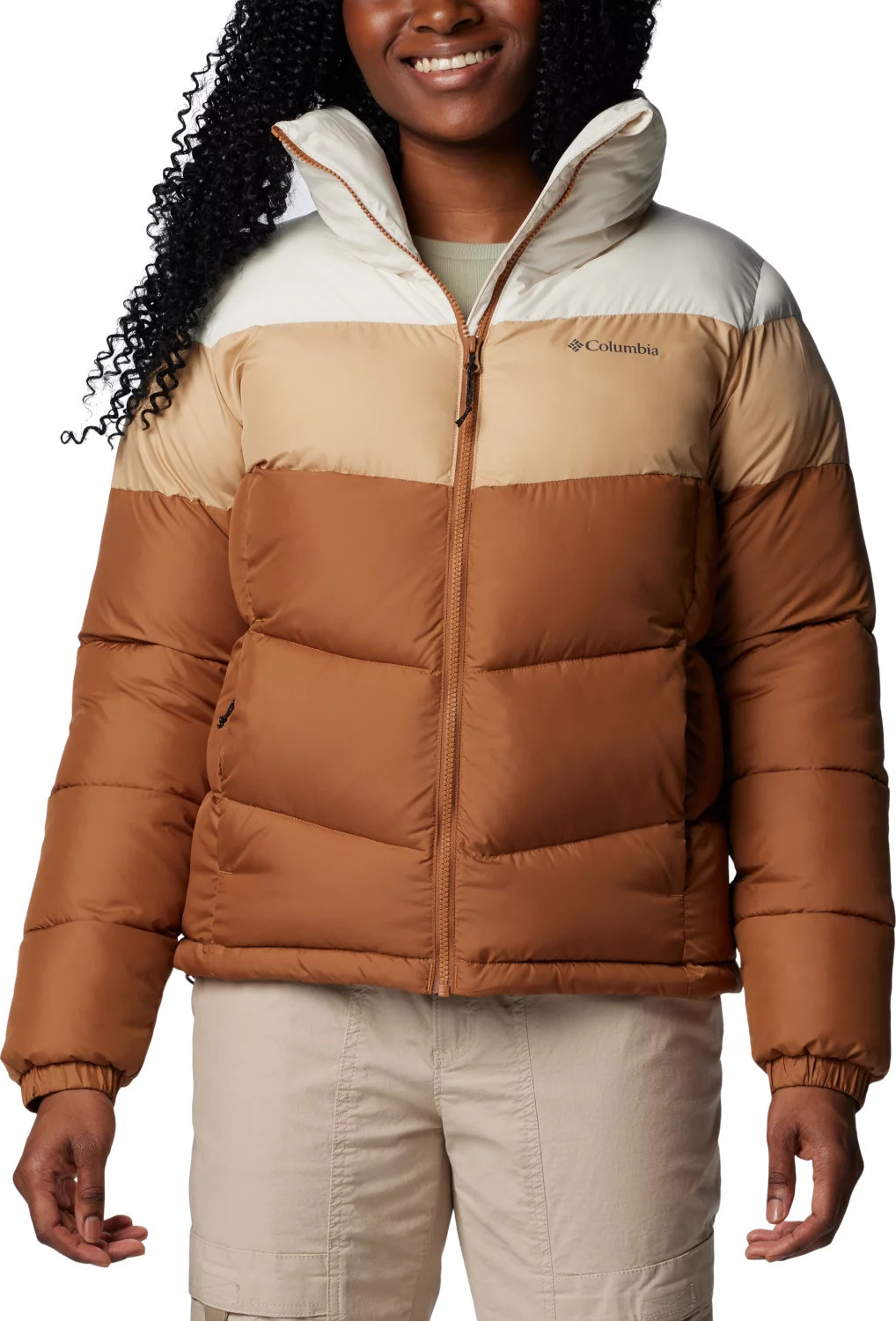 Smotanovo-hnedá dámska zimná prešívaná bunda Columbia Puffect II Colorblock Jacket 2088481224 Veľkosť: L