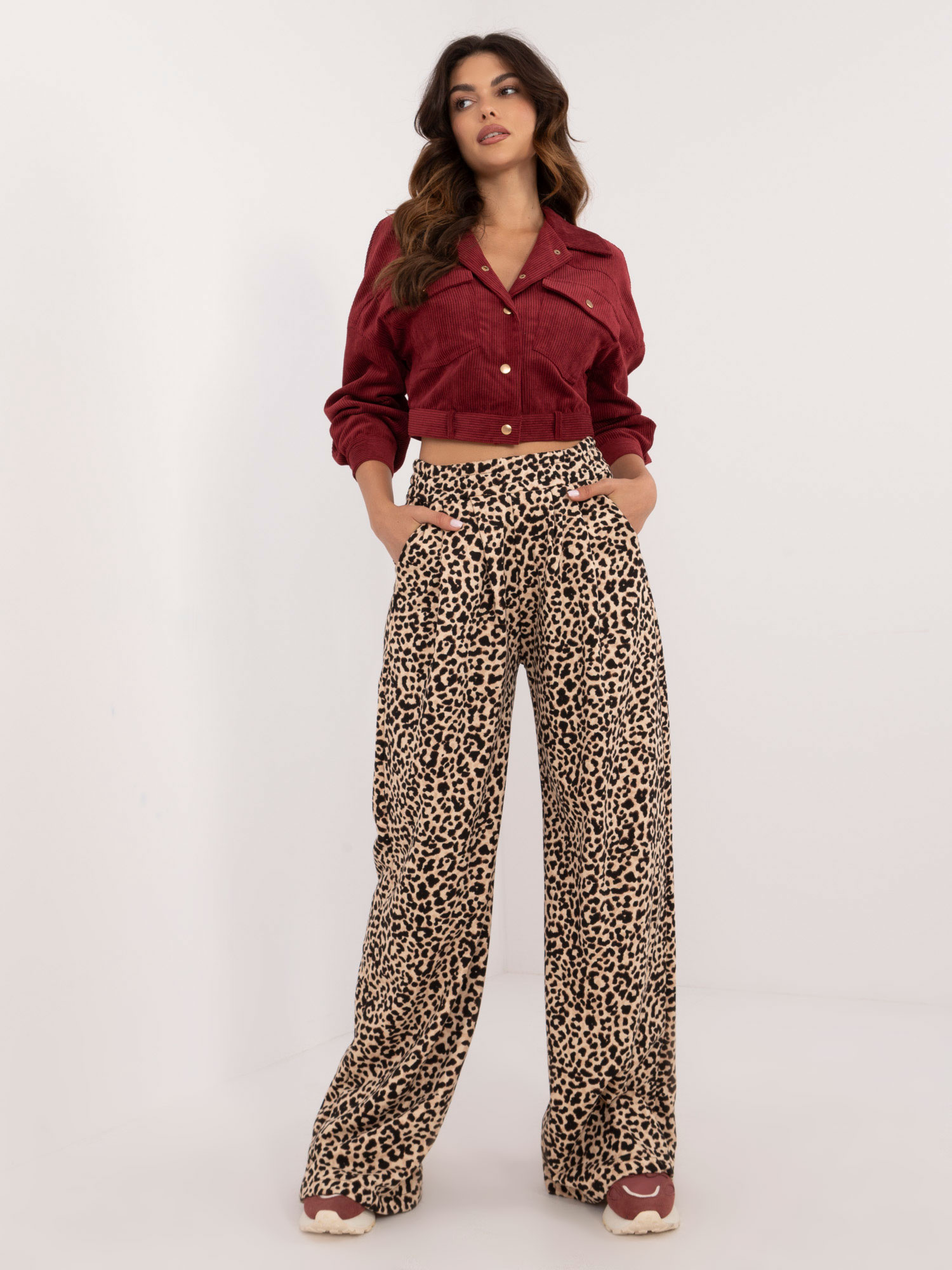 Béžovo-čierne dámske široké nohavice s leopardím vzorom EM-SP-1067-1.88-black-beige Veľkosť: ONE SIZE