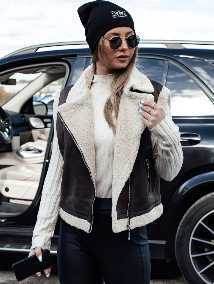 Kávovo hnedá semišová vesta s ovčím kožúškom WOOLZIP TY4746 Veľkosť: S