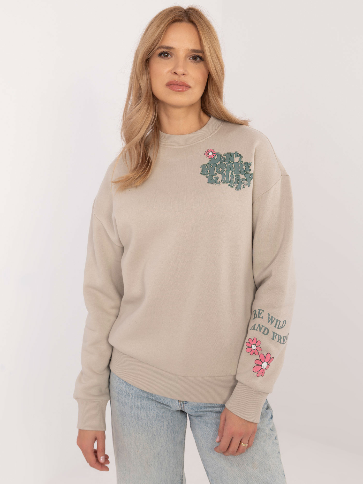 Béžová dámska teplá mikina s potlačou D10600T02568G-beige Veľkosť: S