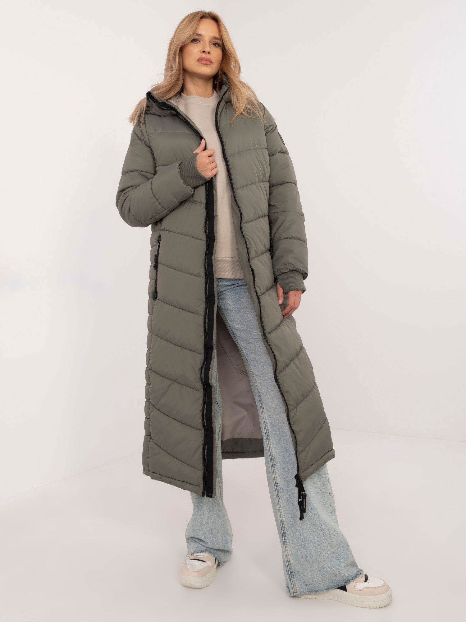 Dlhá khaki dámska prešívaná bunda D51160XB44540A2-khaki Veľkosť: S