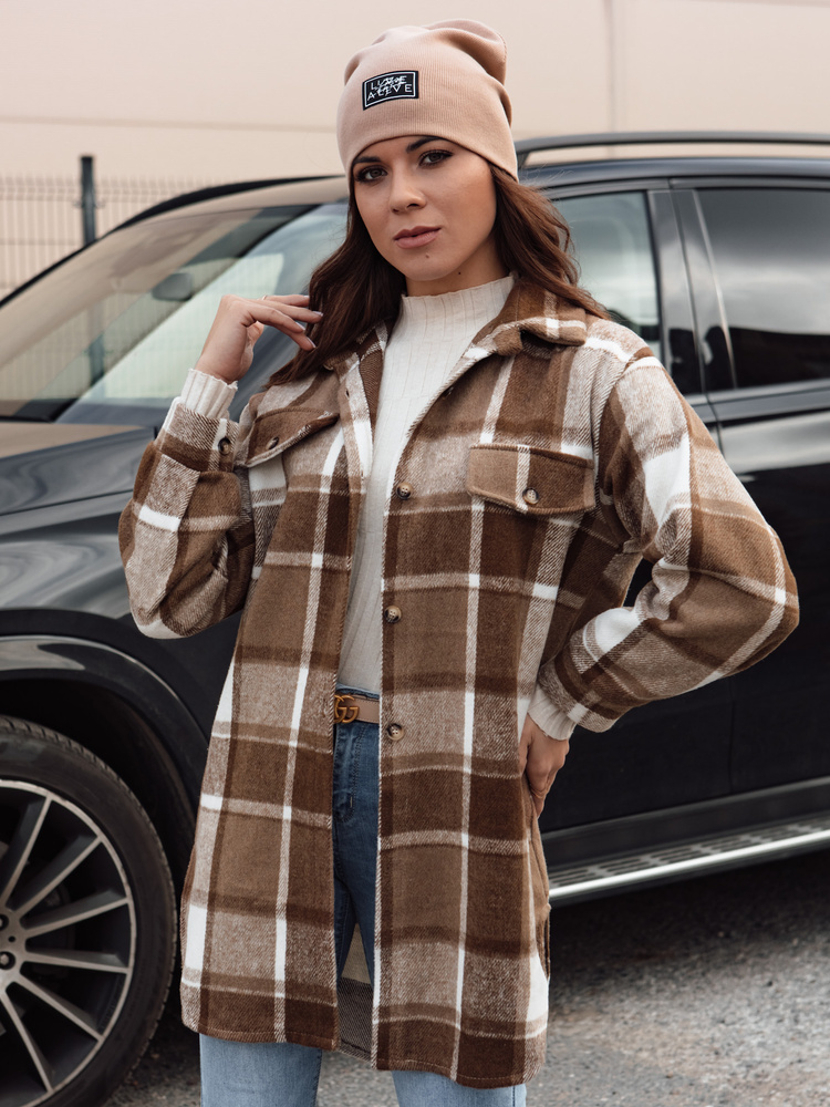 Dámska hnedo-biela károvaná oversize košeľová bunda PLAIDIFY TY4753 Veľkosť: ONE SIZE