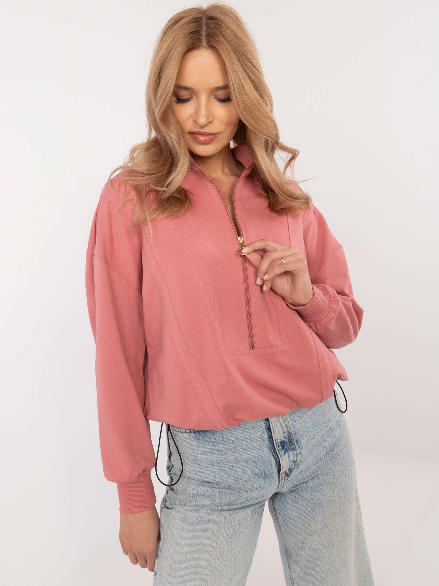 Ružová dámska mikina s polovičným zipsom a stojačikom CLM-BL-1272.68-pink Veľkosť: XL