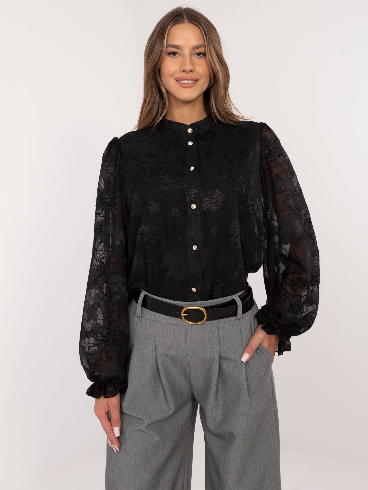 Čierna elegantná dámska košeľa s výšivkami LK-KS-509801.87P-black Veľkosť: S/M