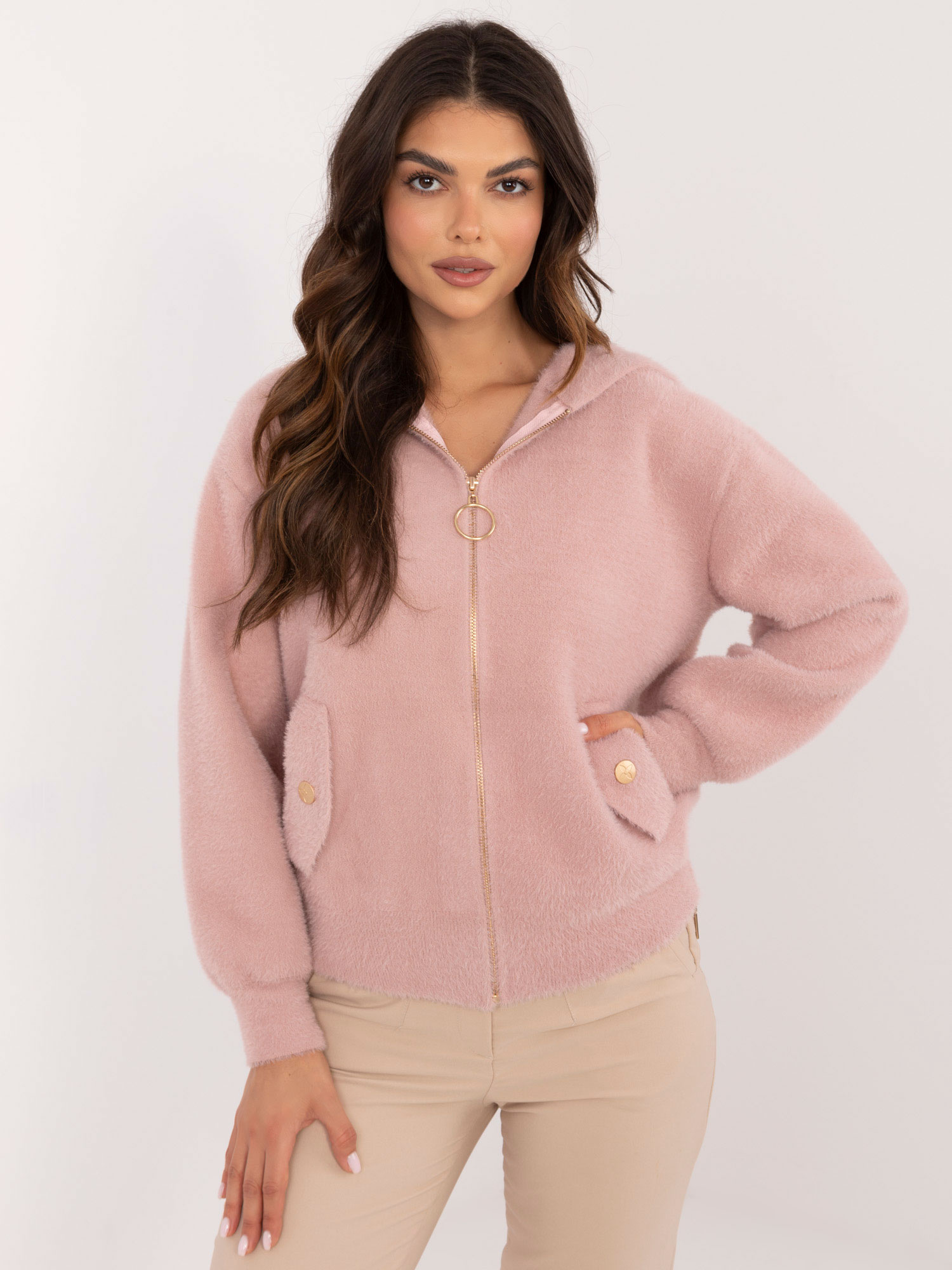 Svetloružová dámska bunda z alpaky s kapucňou MBM-KR-14014.14-ligt pink Veľkosť: ONE SIZE