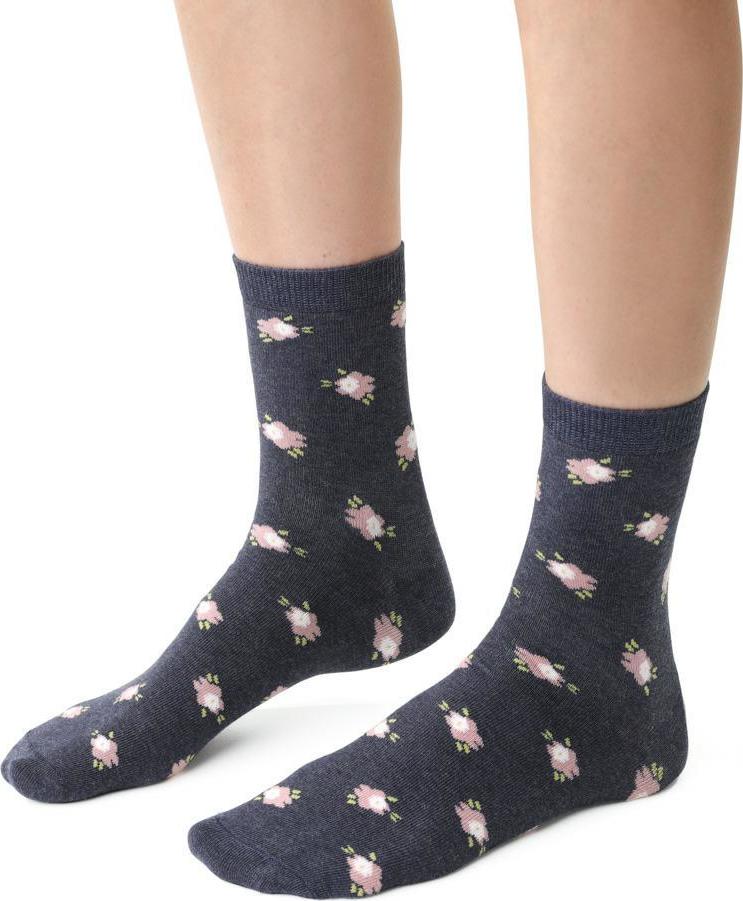 Tmavomodré dámske ponožky s kvetinami Art.099 DR024, JEANS MELANGE Veľkosť: 35/37