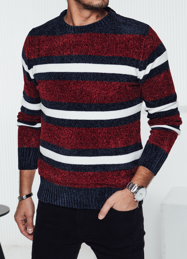 Vínový pánsky pruhovaný sveter WX2264 Veľkosť: M