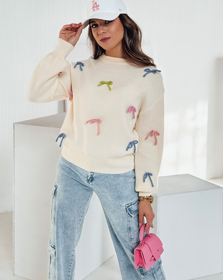 Smotanový dámsky sveter s mašľami TIELUSH MY2357 Veľkosť: ONE SIZE