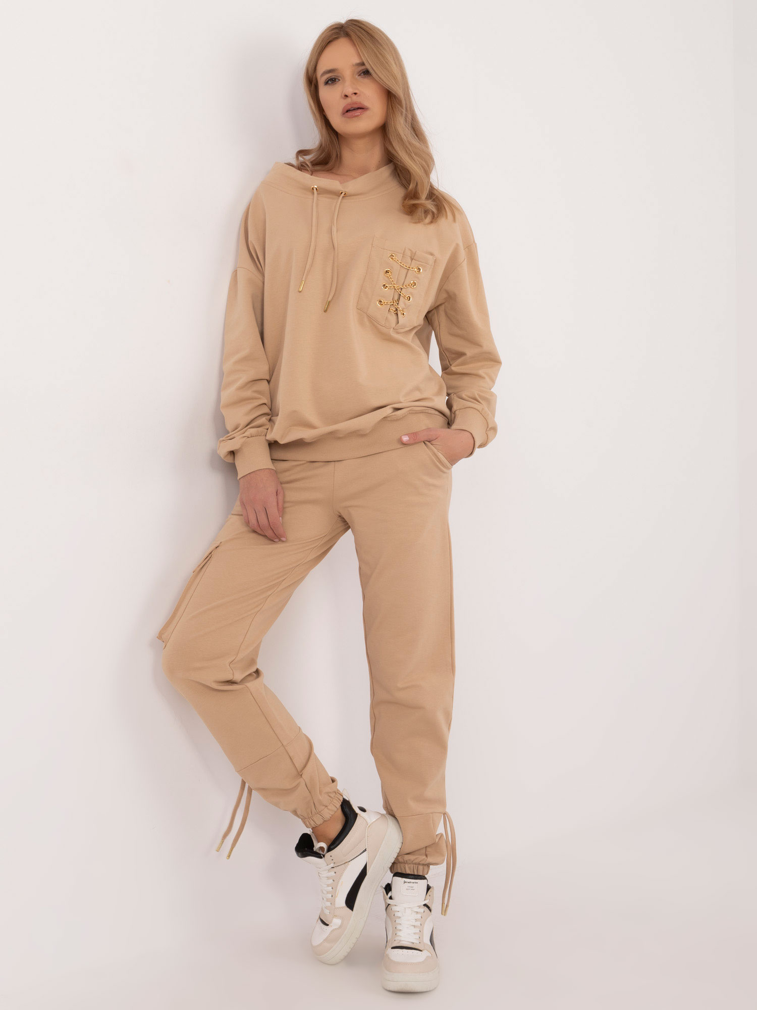 Béžová dámska tepláková súprava s vreckami CLM-KMPL-1278.08P-beige Veľkosť: S