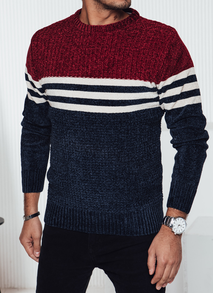 Vínovo-modrý pánsky teplý sveter s bielymi pruhmi WX2229 Veľkosť: M