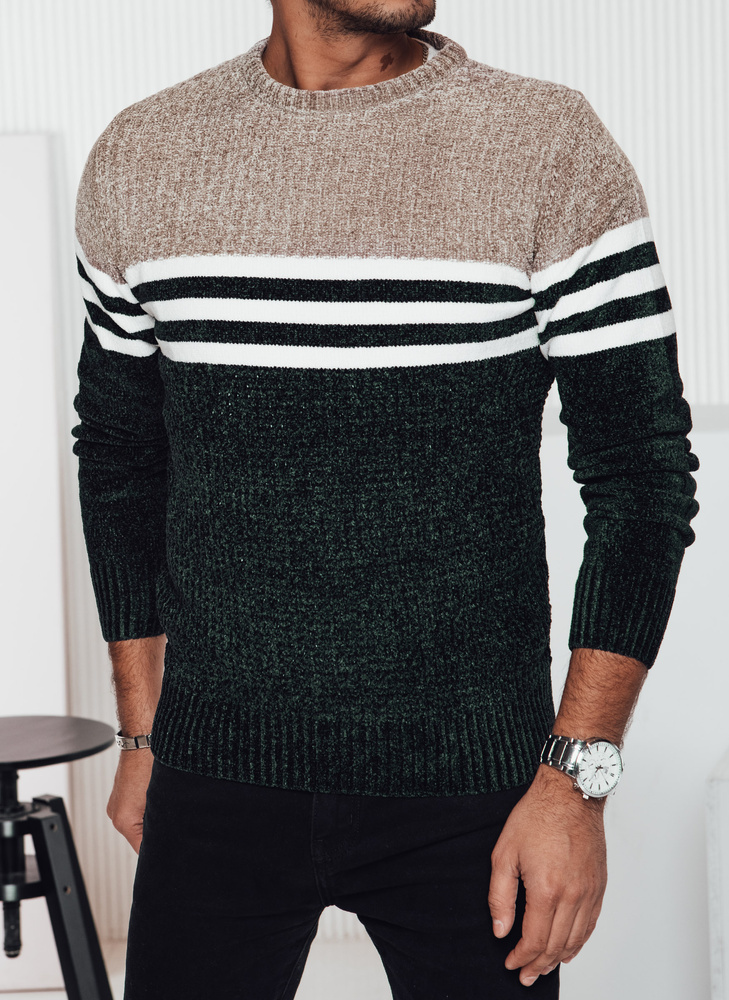 Zeleno-béžový pánsky teplý sveter s bielymi pruhmi WX2231 Veľkosť: M