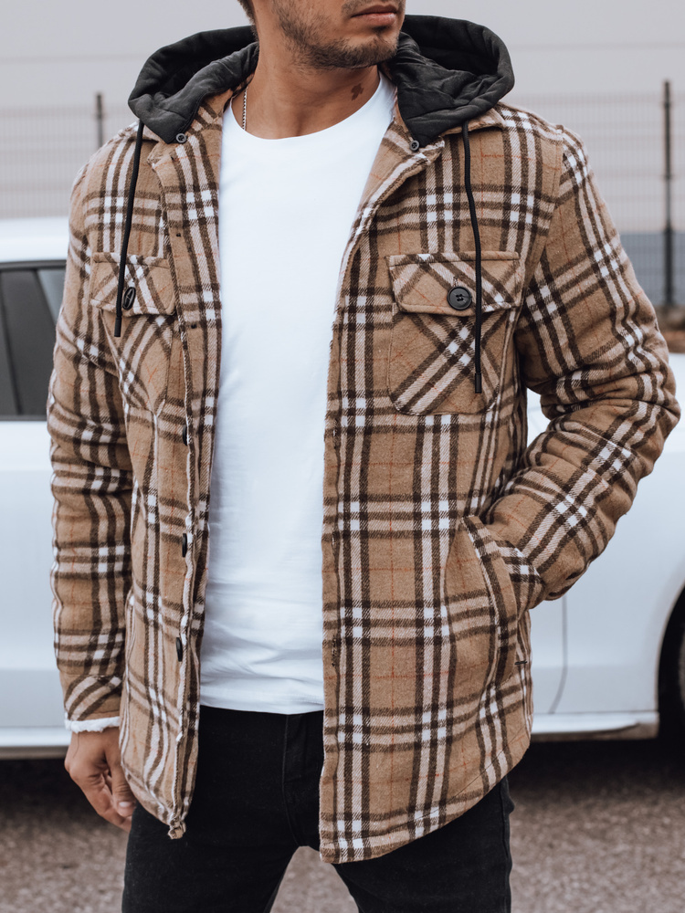 Béžová zateplená pánska károvaná bunda s kapucňou TX4955 Veľkosť: 2XL