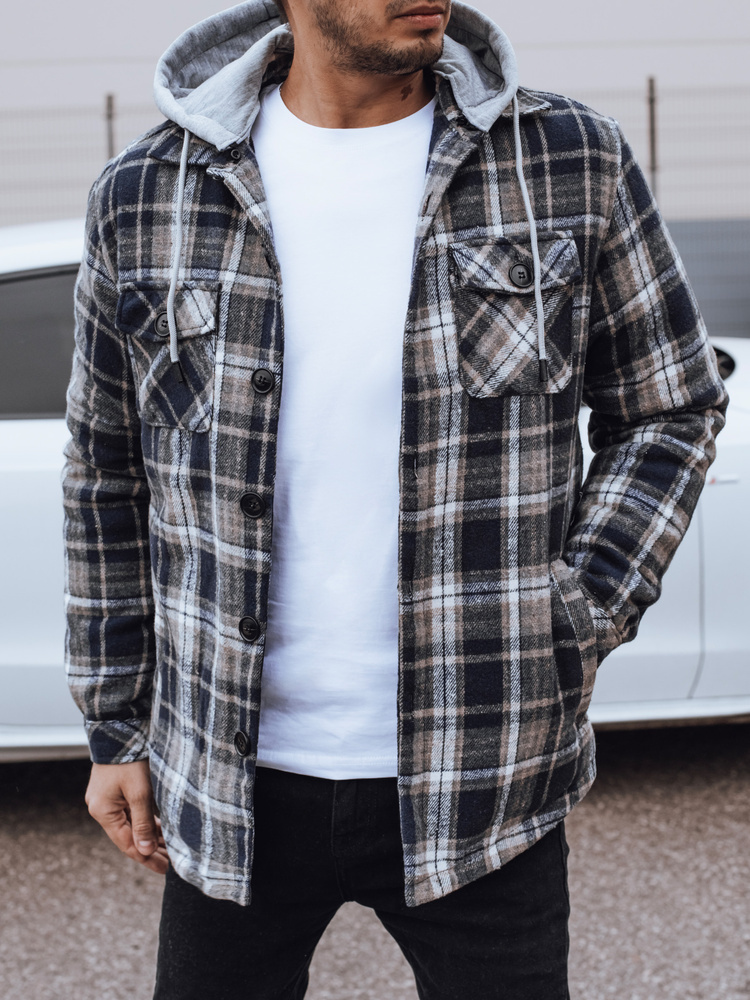 Tmavomodrá károvaná pánska prechodná bunda s kapucňou TX4959 Veľkosť: 2XL