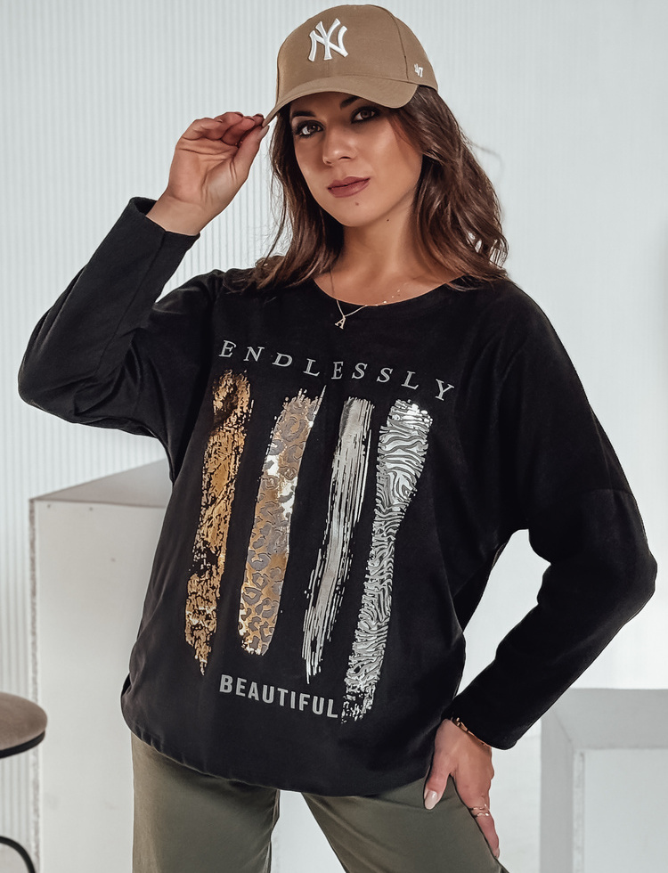 Čierne dámske oversize tričko s dlhým rukávom MODEZINE RY2690 Veľkosť: ONE SIZE