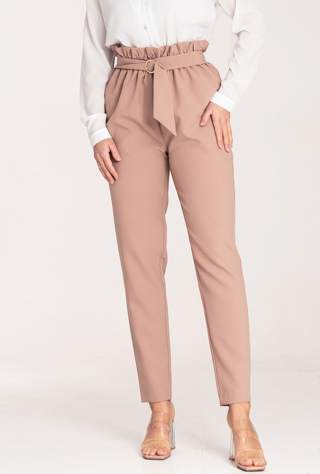 Dámske béžové elegantné nohavice s pásikom M1072 Beige Veľkosť: XL