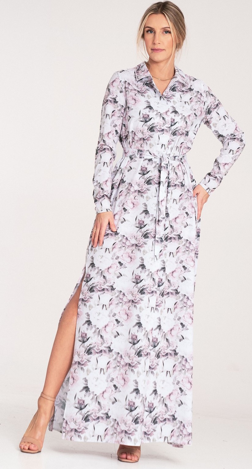 Dámske vzorované biele košeľové maxi šaty M1077 Pattern 70 Veľkosť: S