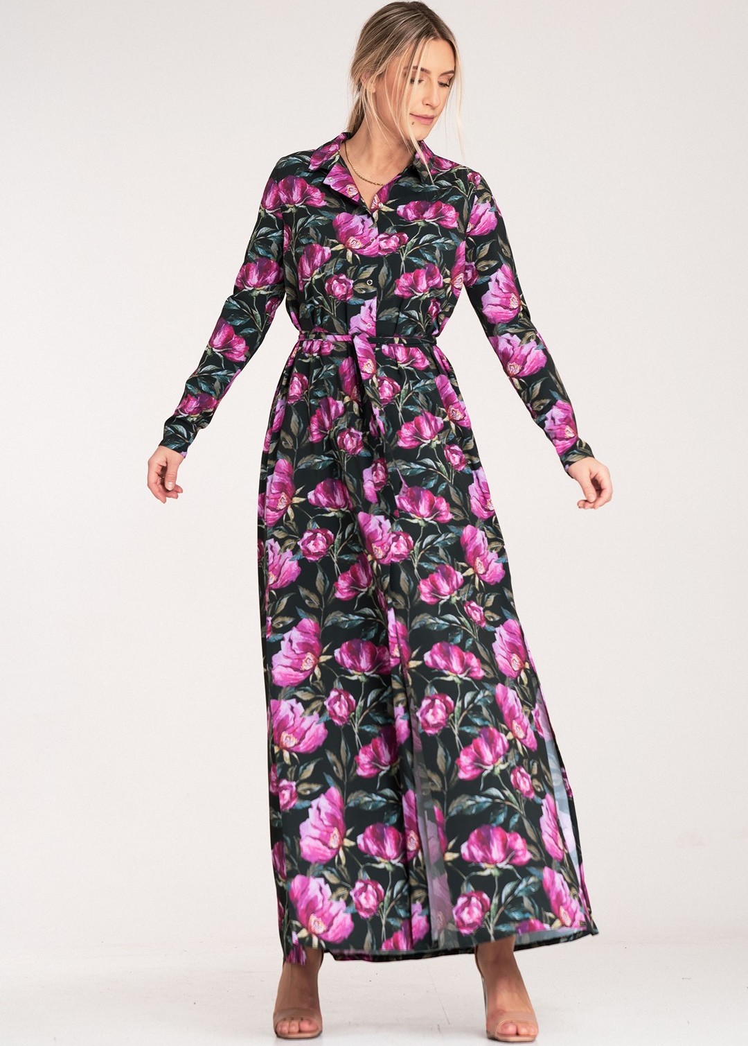 Dámske vzorované čierne košeľové maxi šaty M1077 Pattern 72 Veľkosť: S