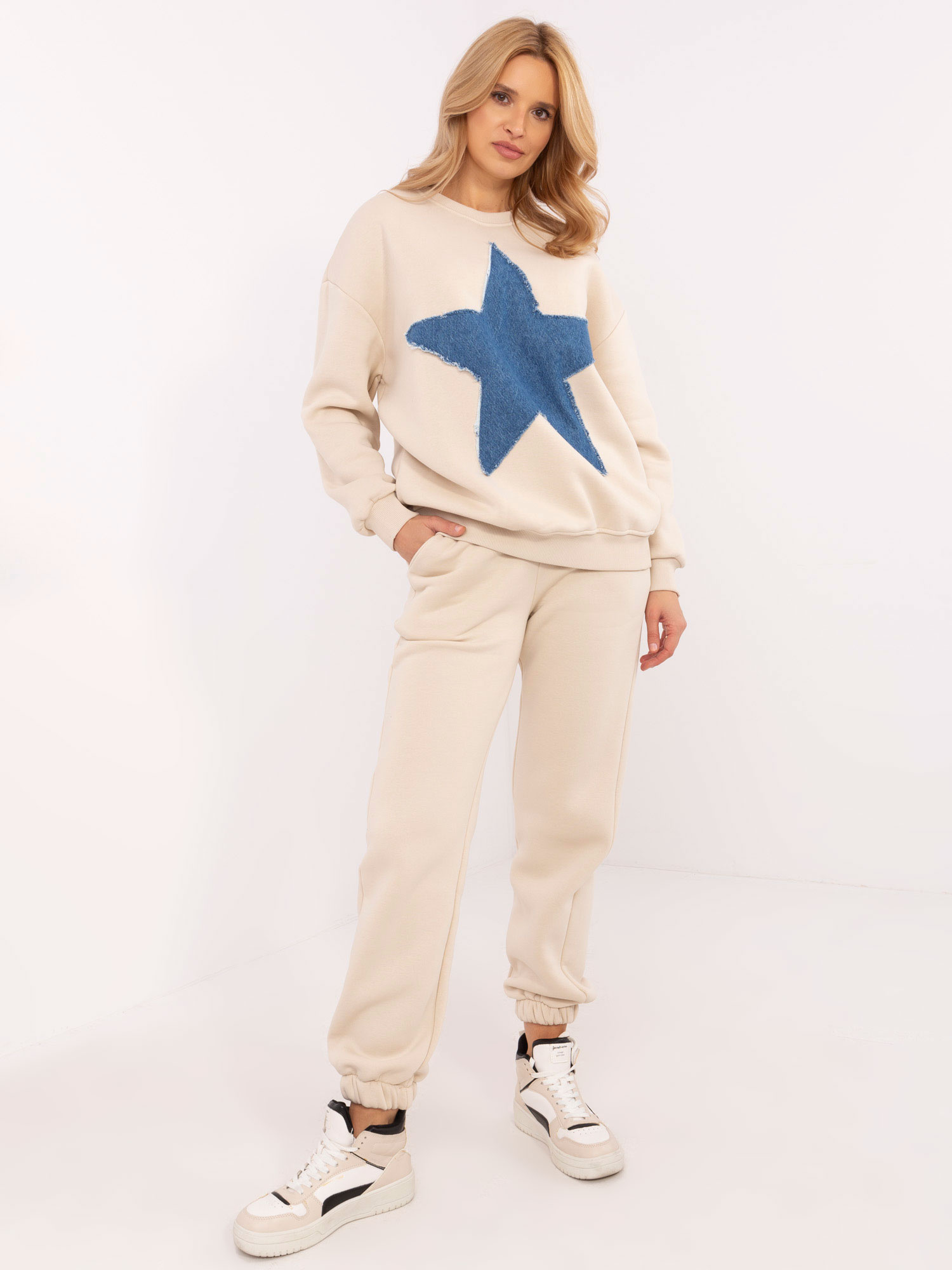 Béžová zateplená dámska tepláková súprava s džínsovou vsadkou CLM-KMPL-1434.39-beige Veľkosť: S