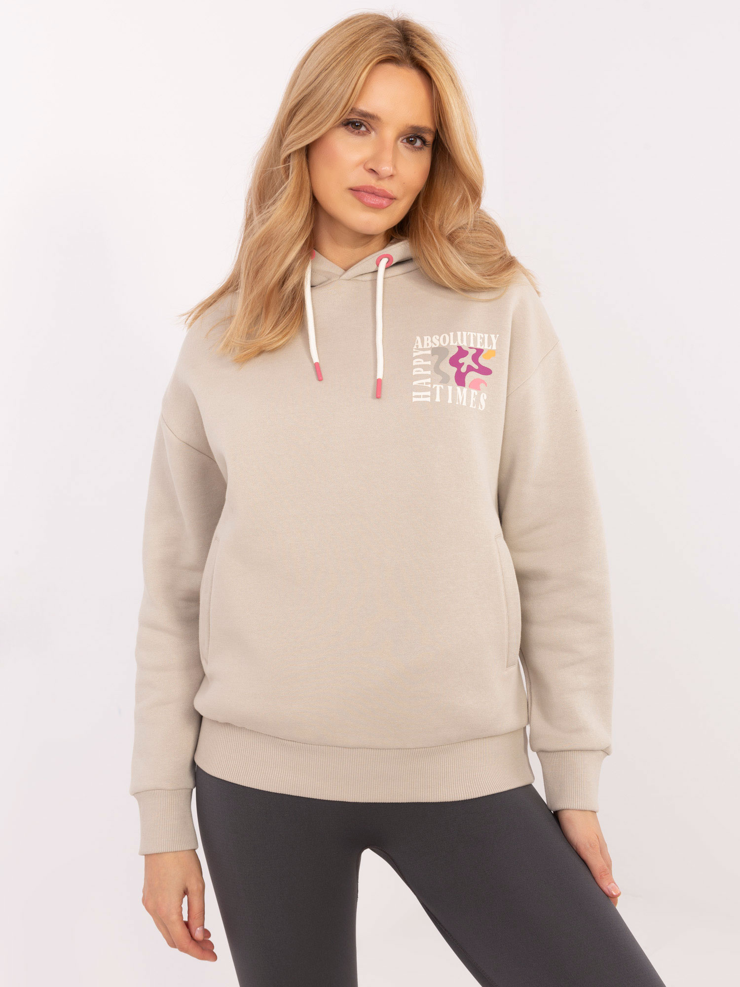 Béžová dámska mikina s potlačou na chrbte D10600T02420M-beige Veľkosť: M