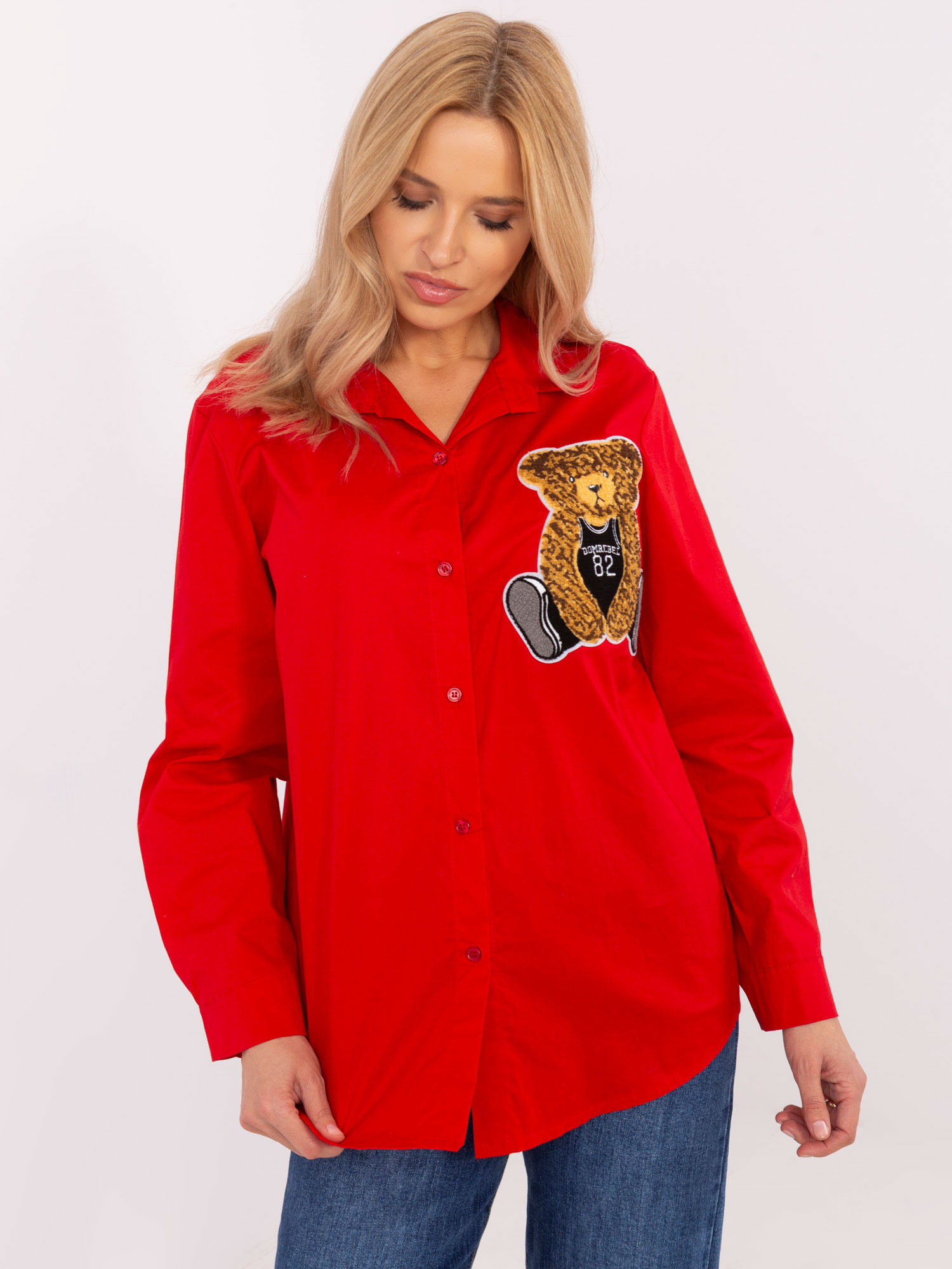 Červená dámska bavlnená košeľa s nášivkou DHJ-KS-20169.16P-red Veľkosť: ONE SIZE