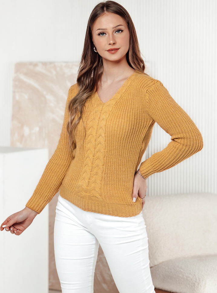 Horčicový dámsky sveter s výstrihom do V CASVINA MY2388 Veľkosť: ONE SIZE