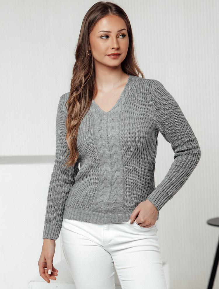 Svetlosivý dámsky sveter s výstrihom do V CASVINA MY2396 Veľkosť: ONE SIZE