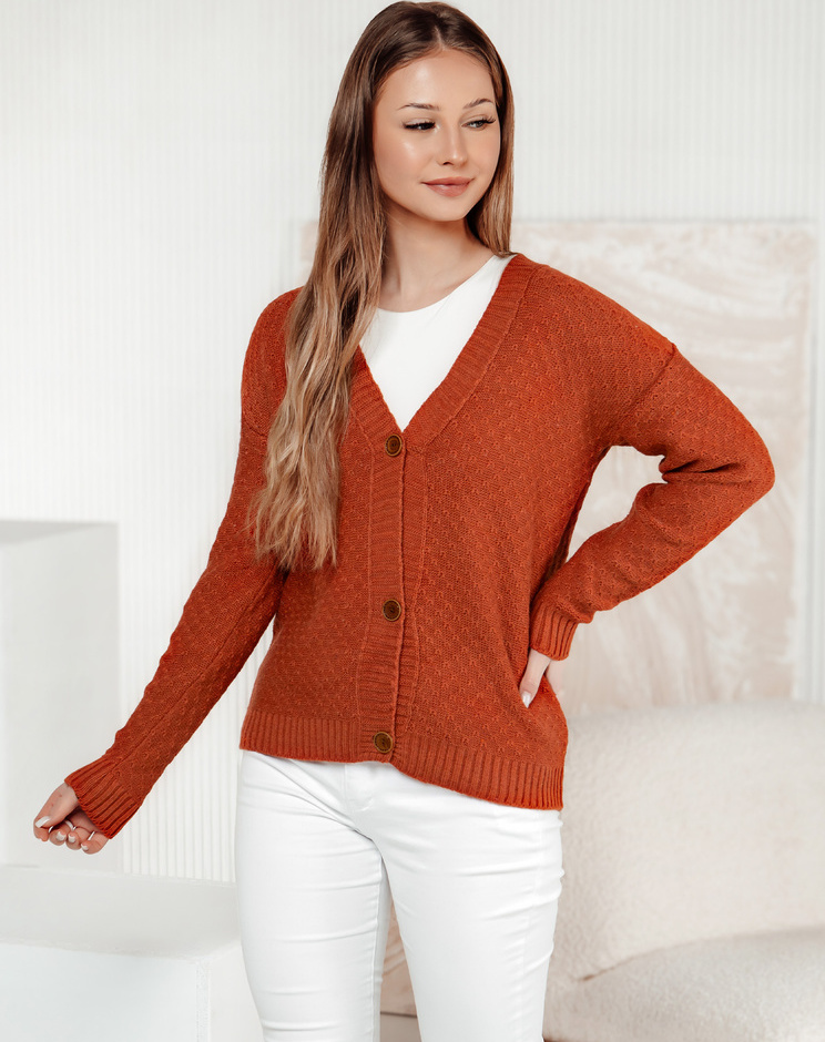 Tehlový dámsky sveter na gombíky CHICLINE MY2418 Veľkosť: ONE SIZE