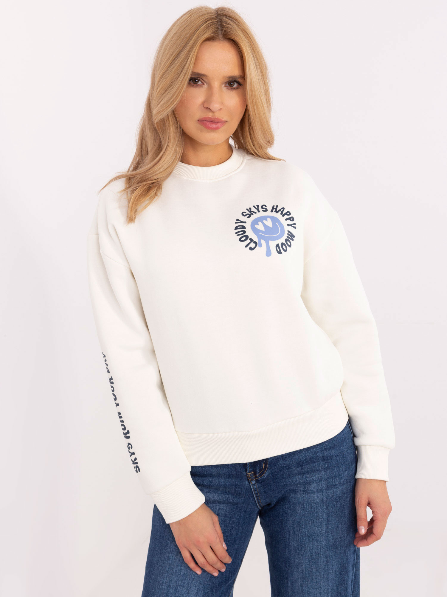 Biela dámska mikina bez kapucne s nápismi D10600T02695A-white Veľkosť: XS