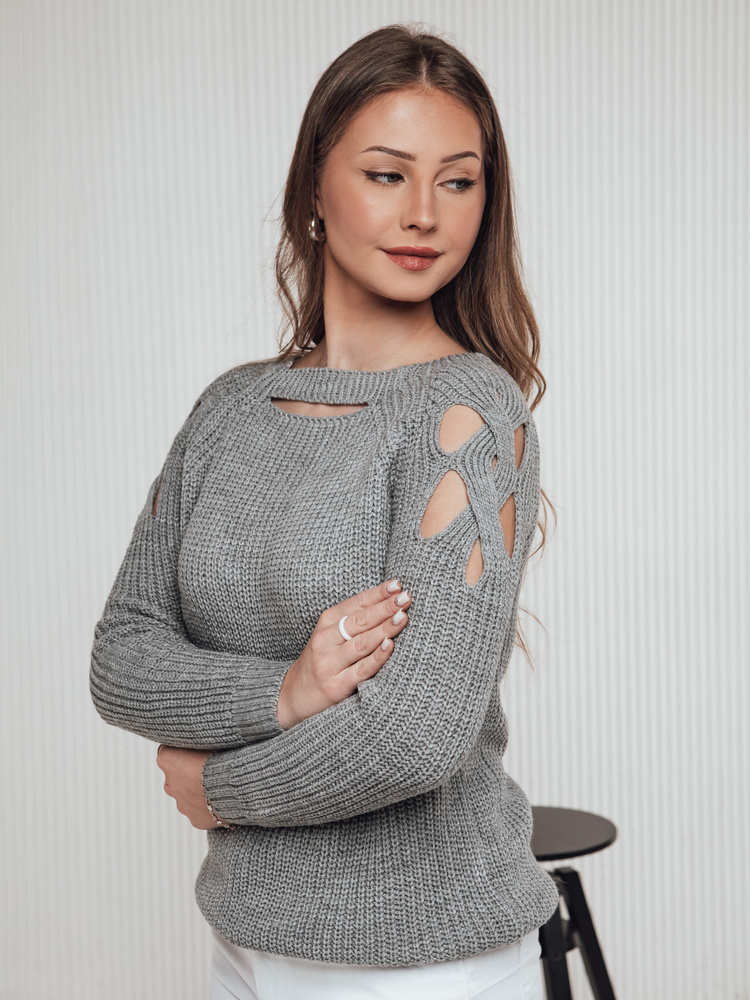Svetlosivý dámsky sveter s prestrihmi SLITARIA MY2394 Veľkosť: ONE SIZE