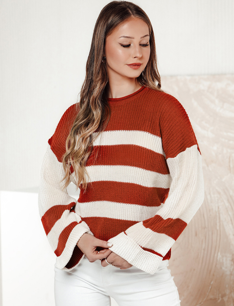 Bielo-červený dámsky pruhovaný sveter LINEZZA MY2384 Veľkosť: ONE SIZE