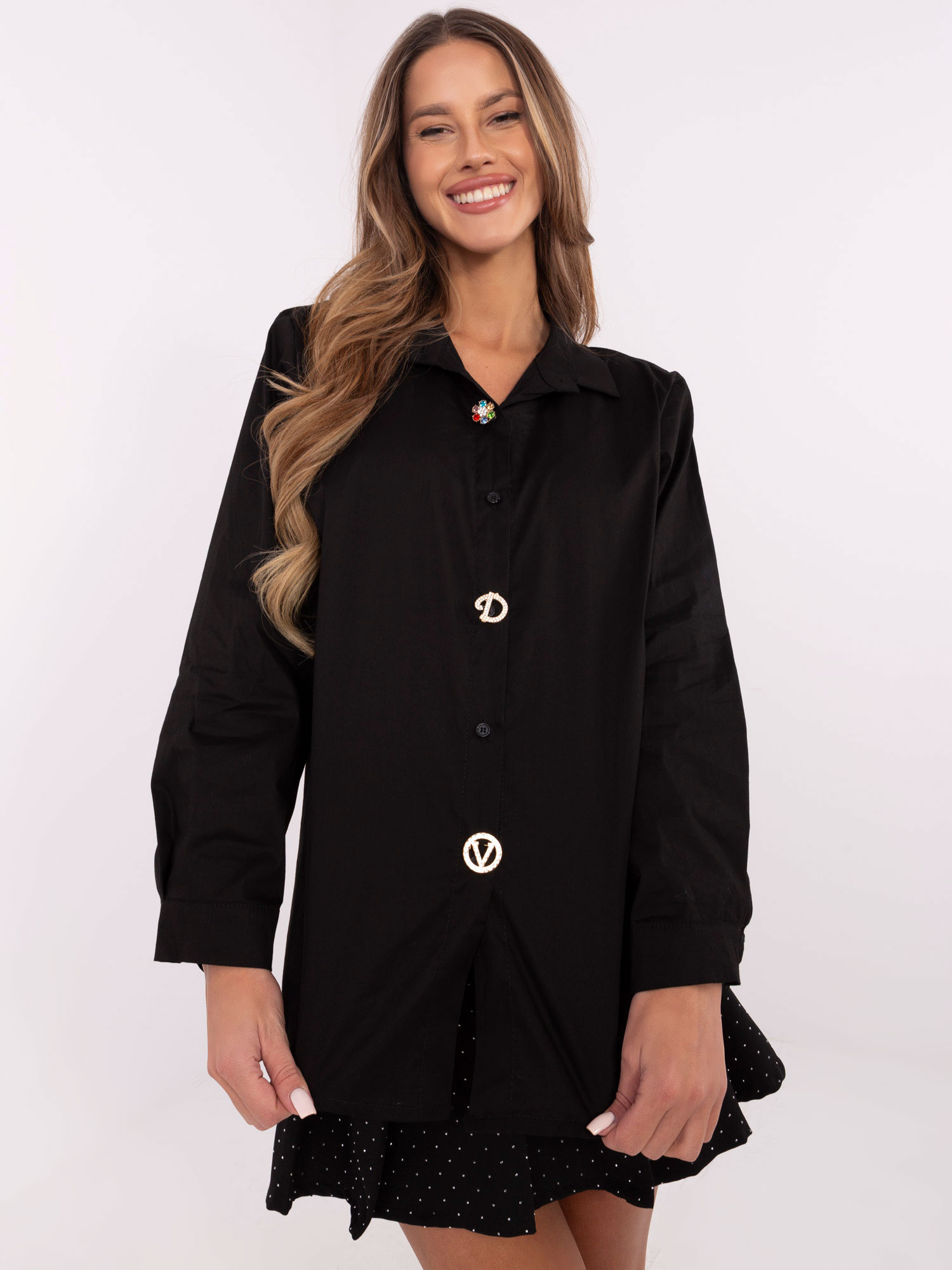 Čierna elegantná dámska košeľa s golierom DHJ-KS-20132.04P-black Veľkosť: ONE SIZE