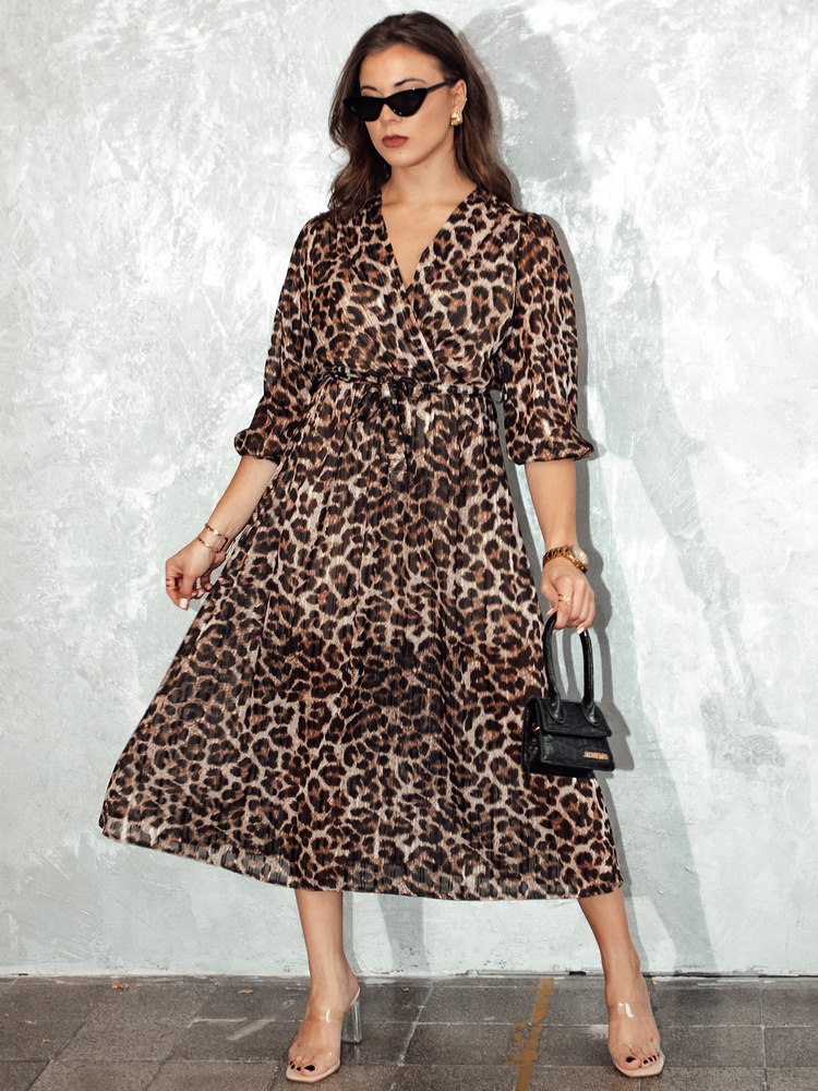 Dámske midi šaty s leopardím vzorom LEOPRINTI EY2548 Veľkosť: ONE SIZE