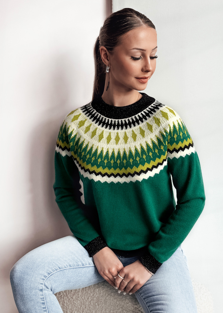 Tmavozelený dámsky sveter so vzorom RUBY GLOW MY2377 Veľkosť: L/XL